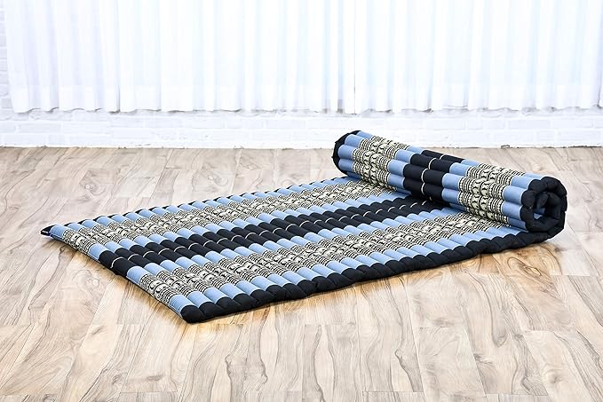 Leewadee - Foldable Floor Mattress - Japanese Roll Up Futon -Trifold Tatami Mat- Guest Floor Bed - Camping Mattress - Thai Massage Mat, Kapok Filled, 75 x 39 inches, Blue