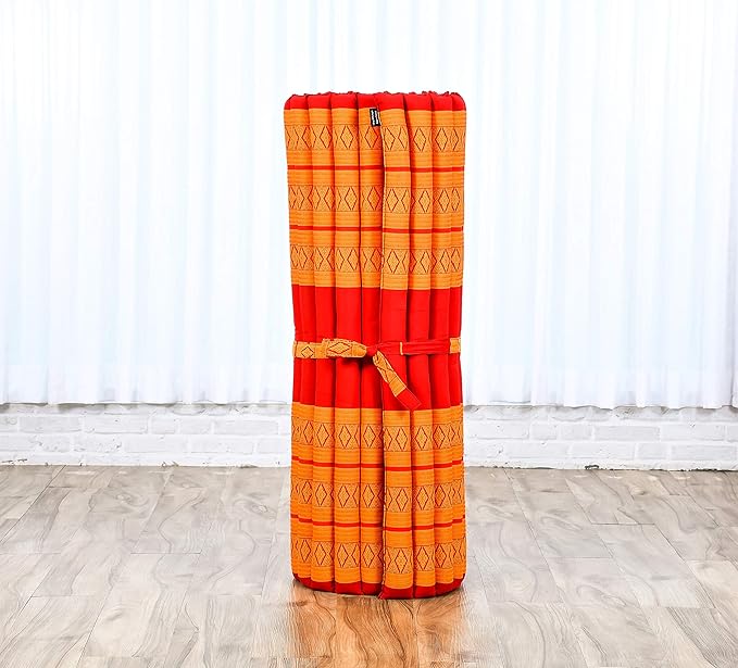 Leewadee - Kapok Roll Mat – Handcrafted Folding Sleep & Relaxation Mattress from Thailand, Ideal as Guest Bed, Camping Mat, Yoga Mat or Traditional Futon, 75 x 39 inches, Orange Red