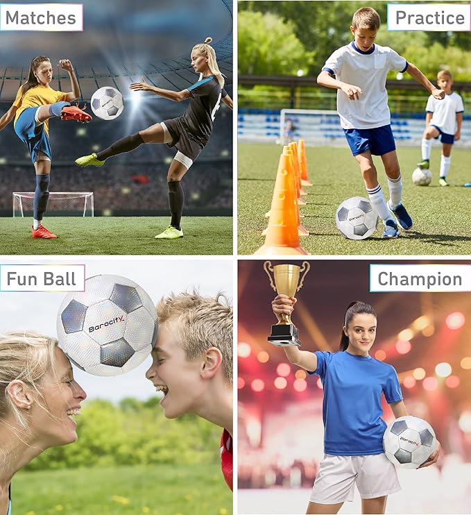 Soccer Ball - Premium Boy and Girl Official Match Ball with Cool Reflective Iridescent Rainbow Hex Pattern, Durable, Indoor, Outdoor, Training, Practice, Playtime and Games