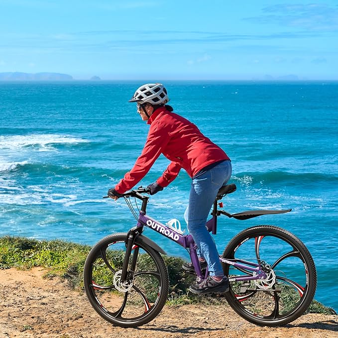 Outroad 26 Inch Folding Mountain Bike, 21 Speed Full Suspension High-Carbon Steel MTB Foldable Bicycle, Dual Disc Brake Non-Slip Folding Bikes for Adults/Men/Women, Black, Orange and Green