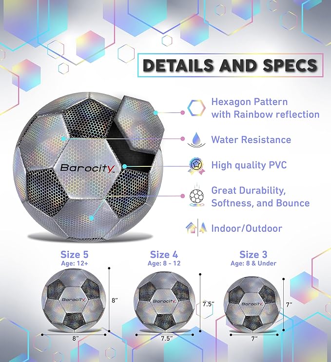 Soccer Ball - Premium Boy and Girl Official Match Ball with Cool Reflective Iridescent Rainbow Hex Pattern, Durable, Indoor, Outdoor, Training, Practice, Playtime and Games