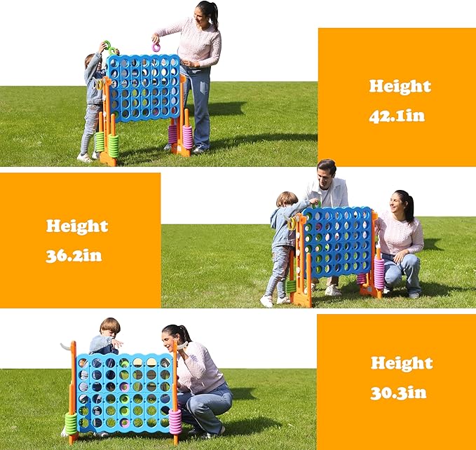 SDADI Height Adjustable Giant 4 in a Row Connect Game, 2-in-1 Jumbo 4-to-Score Game with Ring Toss Game Set, Indoor Outdoor Yard Game Party Game for Kids Adults and Family, Orange
