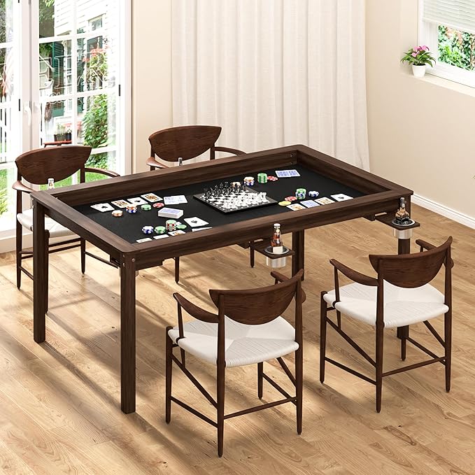 MUPATER Solid Wood Board Game Table with 58” x 33” Gaming Space and Removable Table Top, Modular Game and Dining Table for Adults, Includes Cup Holders and Leatherette Play Mat