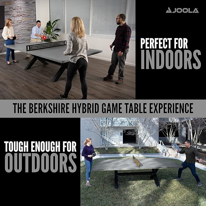 JOOLA Outdoor Table Tennis Table - Multi Use Conference Table Dining Table - Concrete Wood Look Includes Steel Outdoor Ping Pong Net Set & Frame - Hybrid Indoor Outdoor Ping Pong Table