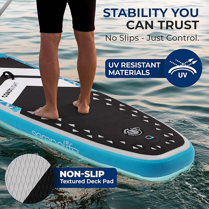 SereneLife Inflatable Stand Up Paddle Board, Wide Stable Design with Non-Slip EVA Deck Pad, Includes Premium SUP Accessories, for Youth and Adults