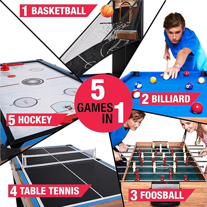 MD Sports Combination Games Multiple Styles Arcade Collection, Billiards, Ping Pong, Hockey, Basketball and Foosball Combination Kit Comes with All The Basics