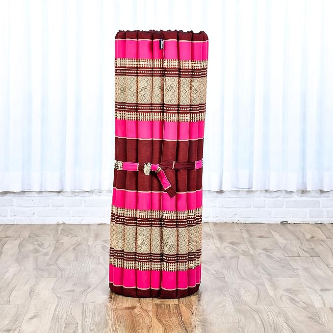 Leewadee - Kapok Roll Mat – Handcrafted Folding Sleep & Relaxation Mattress from Thailand, Ideal as Guest Bed, Camping Mat, Yoga Mat or Traditional Futon, 75 x 39 inches, Auburn Pink