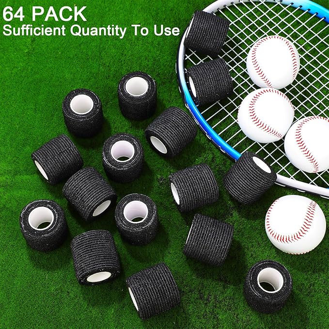 Treela 64 Pack 2" x 5 Yards Self Adhesive Cohesive Bandage Wraps, Elastic Breathable Athletic Tape, Flexible Self Adherent Bandage Rolls for Wrist, Ankle, Fingers, Sports & Pets (Black)