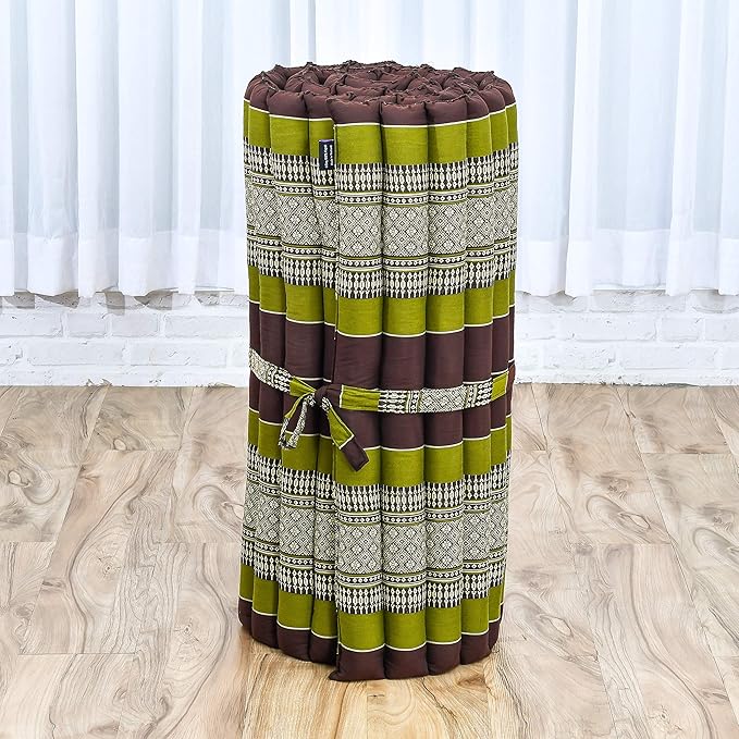 Leewadee - Foldable Floor Mattress - Japanese Roll Up Futon -Trifold Tatami Mat- Guest Floor Bed - Camping Mattress - Thai Massage Mat, Kapok Filled, 75 x 28 inches, Brown Green