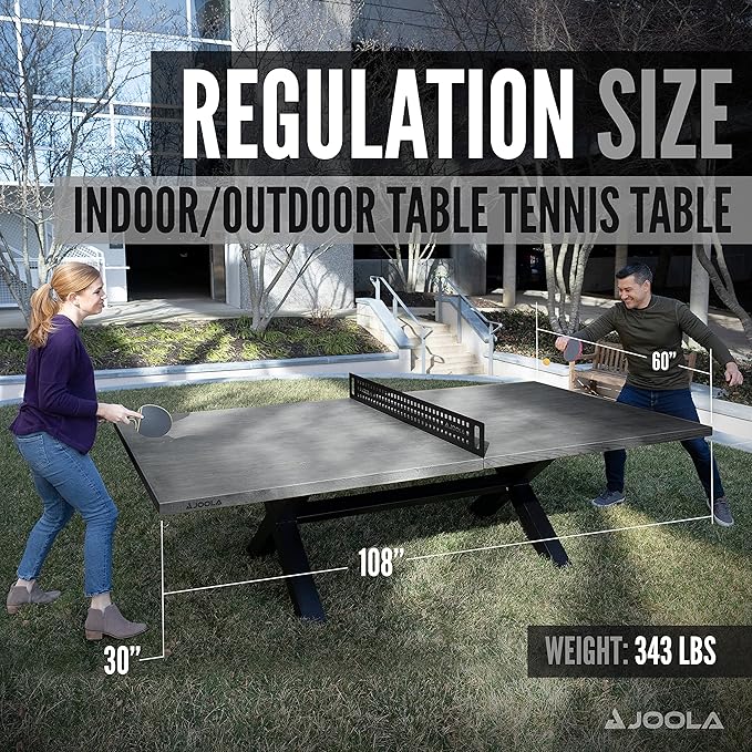 JOOLA Outdoor Table Tennis Table - Multi Use Conference Table Dining Table - Concrete Wood Look Includes Steel Outdoor Ping Pong Net Set & Frame - Hybrid Indoor Outdoor Ping Pong Table