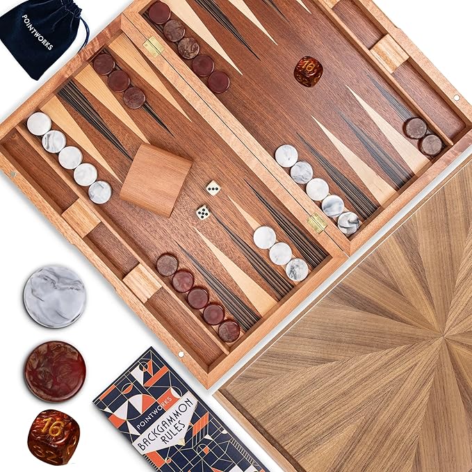 17 Inch Backgammon Sets for Adults. Beautiful Wood Inlaid Backgammon Board Game Set with Unique Checkers & Dice. Large Back Gammon Game Sets Travel Size for 2 Players Nardi or Tavla