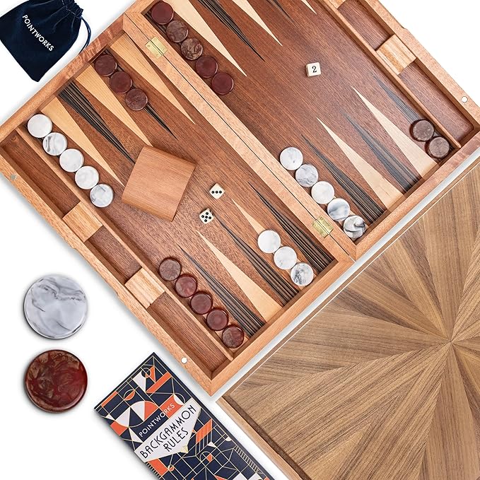 17 Inch Backgammon Sets for Adults. Beautiful Wood Inlaid Backgammon Board Game Set with Unique Checkers & Dice. Large Back Gammon Game Sets Travel Size for 2 Players Nardi or Tavla