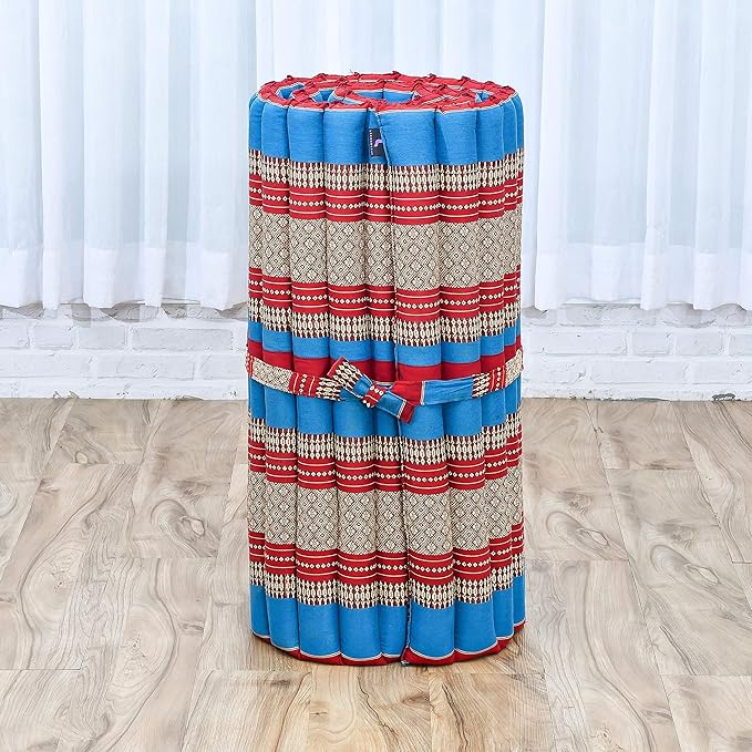 Leewadee - Foldable Floor Mattress - Japanese Roll Up Futon -Trifold Tatami Mat- Guest Floor Bed - Camping Mattress - Thai Massage Mat, Kapok Filled, 75 x 28 inches, Blue Red