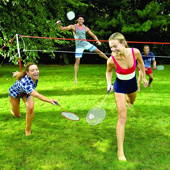 Franklin Sports Badminton Net Sets - Outdoor Backyard + Beach Badminton Net + Equipment Set - (4) Rackets + (2) Birdies + Portable Net Included - Adults + Kids Set