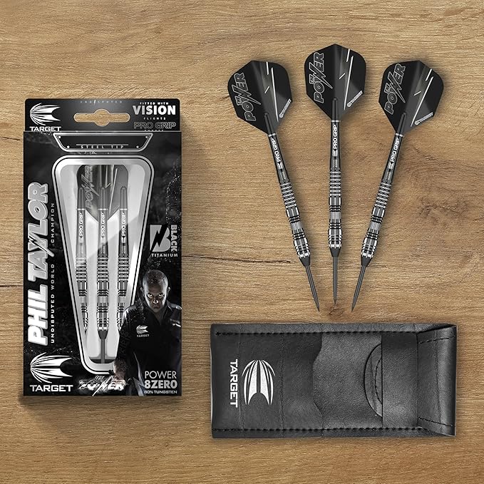 TARGET Darts Phil Taylor Power 8-Zero 4 Black Steel Tip Darts, 80% Tungsten Dart Set, P8Z4, 21G/23G/25G | Player Edition Darts with Swiss Point Tips or Fixed Points | Black Darts Case Included