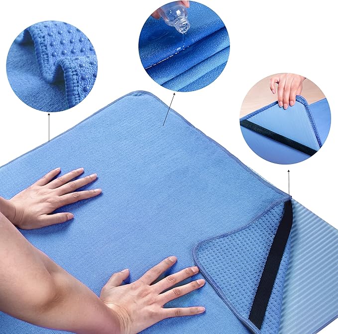 POLYTE Microfiber Hot Yoga Towel Mat with Non-Slip Silicone Grip and Secure Fit Elastic Straps, 24 x 72 in (Blue)