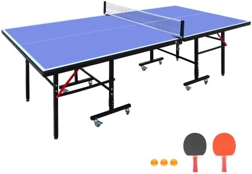 8ft Mid-Size Table Tennis Table Foldable & Portable Ping Pong Table Set for Indoor Games with Net, 2 Table Tennis Paddles and 3 Balls