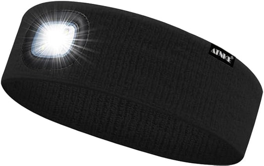 ATNKE 4 LED Lighted Sport Sweatband,USB Rechargeable Running Head Band Lamp High Stretch Wicking Gifts for Men and Women