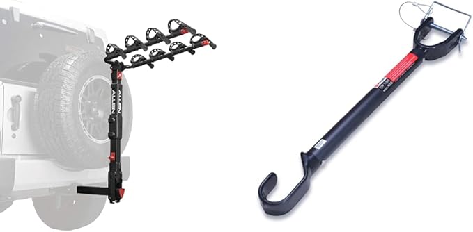 Allen Sports Premier Locking Quick Release 4-Bike Carrier for 2 Inch Hitch on Vehicles with Spare Tire, Model 400QR, Black & Tension Bar Bicycle Cross-Bar Adaptor, Black, One Size