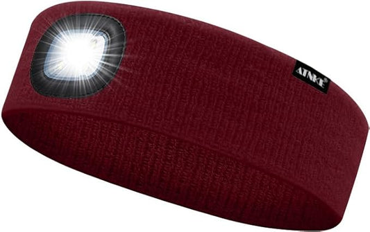 ATNKE 4 LED Lighted Sport Sweatband,USB Rechargeable Running Head Band Lamp High Stretch Wicking Gifts for Men and Women