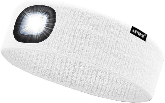 ATNKE 4 LED Lighted Sport Sweatband,USB Rechargeable Running Head Band Lamp High Stretch Wicking Gifts for Men and Women