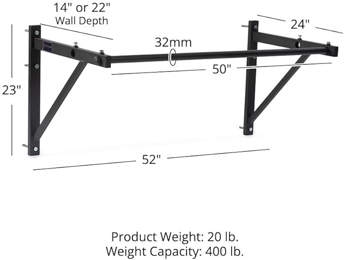 Titan Fitness Adjustable Depth 52" Wall Mounted Pull Up Bar, 14" or 22" From Wall, Rated 400 LB, Home or Garage Gym Chin Up Workout Training Station, Upper Body Workout