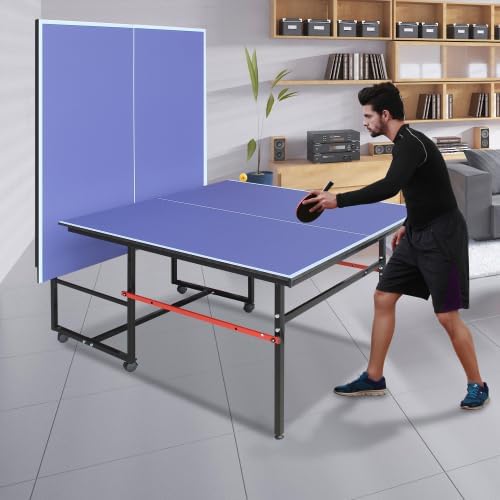 8ft/9ft Mid-Size Table Tennis Table Foldable & Portable Ping Pong Table Set for Indoor Games with Net, 2 Table Tennis Paddles and 3 Balls