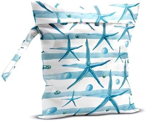 Wet Dry Bag for Swimsuit, Travel, Beach, Pool, Diapers, Dirty Yoga Gym Clothes, Makeup, Waterproof Reusable Beach Bag with Ocean Decor Starfish Sea Horse Anchor