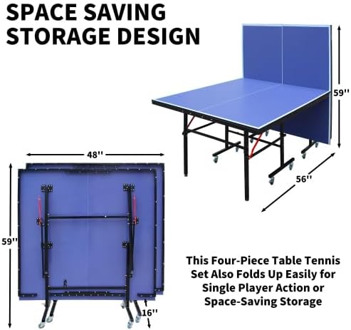 8ft Mid-Size Table Tennis Table Foldable & Portable Ping Pong Table Set for Indoor Games with Net, 2 Table Tennis Paddles and 3 Balls