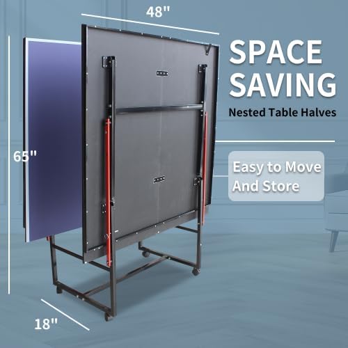 4FT/6FT/8FT/9FT Folding Rolling Table Tennis Table Regulation Ping Pong Table with 2 Paddles 3 Balls 1 Net and Post Set Fold-Up Design 4 Wheels for Easy Movement