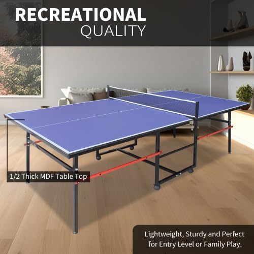 8ft/9ft Mid-Size Table Tennis Table Foldable & Portable Ping Pong Table Set for Indoor Games with Net, 2 Table Tennis Paddles and 3 Balls