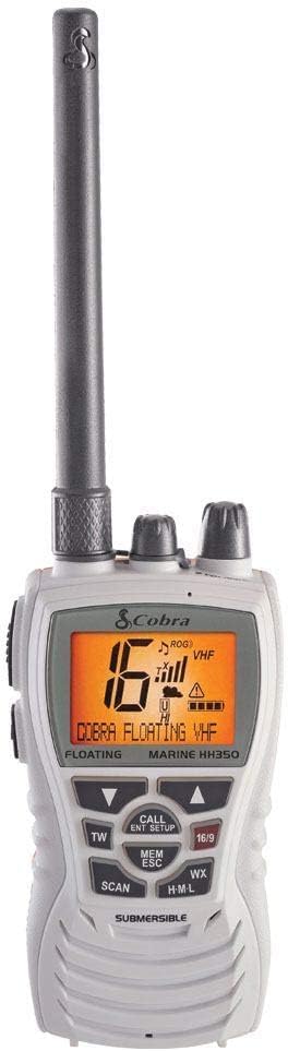Cobra MR HH350 FLT Handheld Floating VHF Marine Radio - 6 Watt, Submersible, Noise Cancelling Mic, Backlit LCD Display, NOAA Weather, and Memory Scan, White