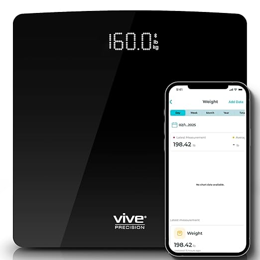 Vive Precision Smart Scale – Digital Bathroom Scale for Body Weight with Bluetooth & Vive App Sync – Accurate Health Monitor for Home, Track via Phone, 400 lb Capacity, Batteries Included (Black)