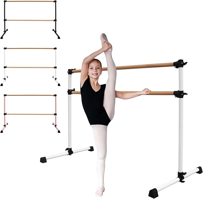 4FT/6FT Freestanding Ballet Barre Wood/Steel Height Adjustable from 7 to 46 inch Ballet Bar Portable Double Dance Bar for Home Workout and Stretch