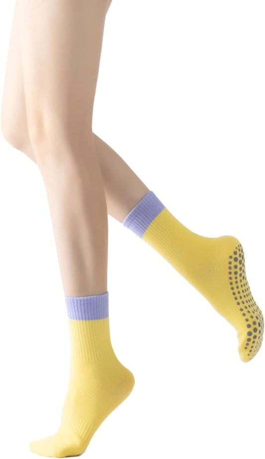Yoga Pilates Socks with Grips for Women Non Slip Color Blocking Cushioned Crew Socks for Barre Ballet Dance