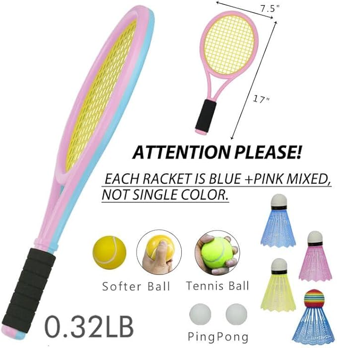 Kids Tennis Rackets with Carrying Bag,Soft Training Balls and Badminton Birdies,12 in 1 Tennis Racquets Gift Set for Children Outdoor Indoor Sports