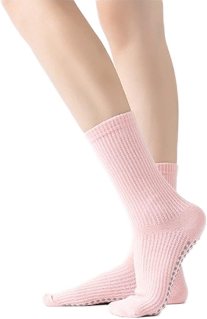 Yoga Pilates Socks with Grips for Women Non Slip Solid Colored Cushioned Crew Compression Socks for Barre Ballet Dance