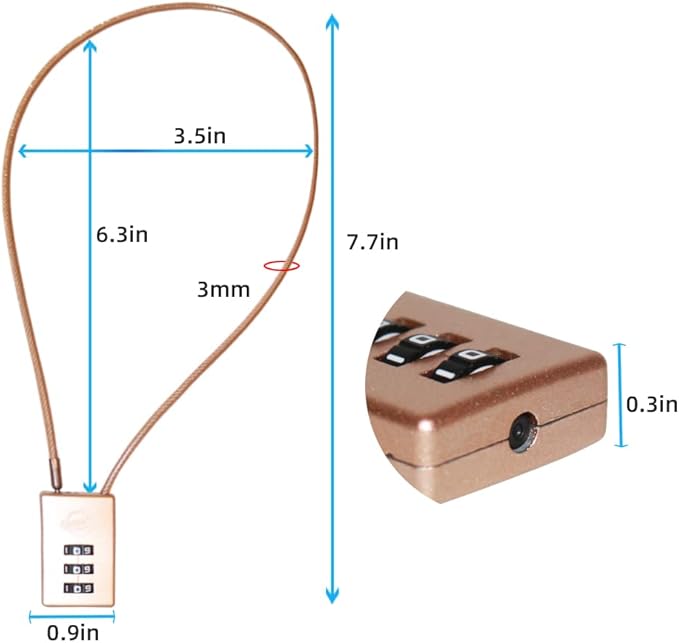 3 Digit Cable Combination Lock 20 inches Cable for School Gym Locker,Filing Cabinets,Helmet,Toolbox,Luggage Suitcase,knapsack,Gold 2Pack