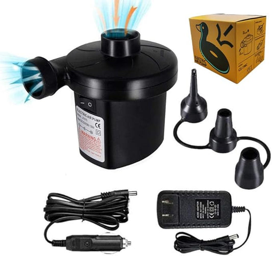 FBve Electric Air Pump, 100-240V AC/12V DC Portable Electric Air Mattress Pump, Quick-Fill Inflator/Deflator with 3 Nozzles for Outdoor Camping, Inflatable Cushions, Air Mattress Beds, Boat