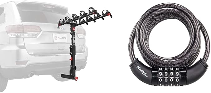 Allen Sports Premier Locking Quick Release 5-Bike Carrier for 2 in. Hitch, QR555 & Master Lock Bike Lock Cable, Set Your Own Combination Bicycle Lock, Black