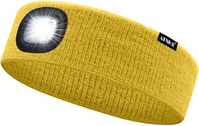 ATNKE 4 LED Lighted Sport Sweatband,USB Rechargeable Running Head Band Lamp High Stretch Wicking Gifts for Men and Women