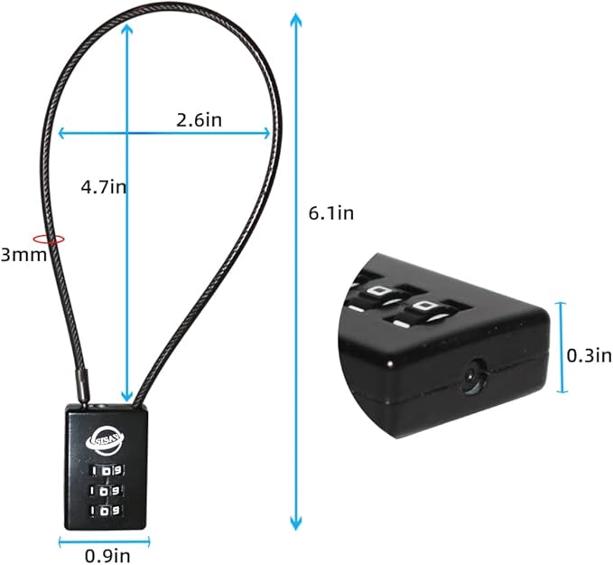3 Digit Cable Combination Lock 12 inches Cable for School Gym Locker,Filing Cabinets,Helmet,Toolbox,Luggage Suitcase,knapsack,Black 2Pack