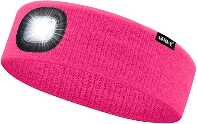 ATNKE 4 LED Lighted Sport Sweatband,USB Rechargeable Running Head Band Lamp High Stretch Wicking Gifts for Men and Women