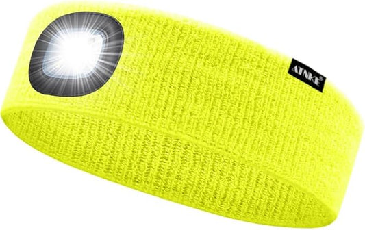 ATNKE 4 LED Lighted Sport Sweatband,USB Rechargeable Running Head Band Lamp High Stretch Wicking Gifts for Men and Women
