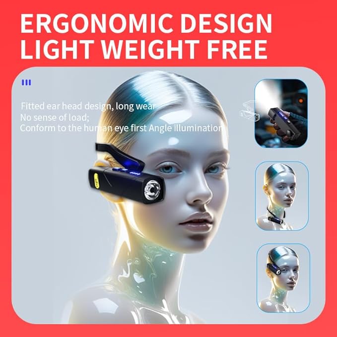LED Rechargeable Ear Worn Headlamp with Red Light, Fashion Motion Sensor Adjustable Comfortable Headlight, Lightweight and Suitable Head Lamp for Working,Camping, Hiking and Running