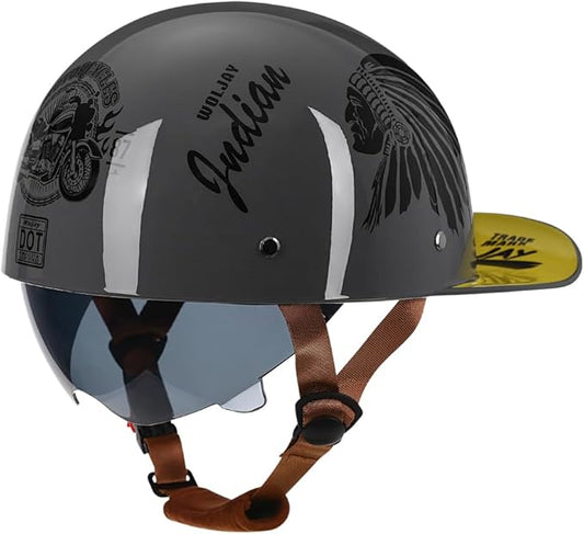 Vintage Retro Open Face Motorcycle Helmet Baseball Cap Half Helmets with pull-down Lens for Men Women Moped Cap Jet Scooter Street Cruiser - DOT Certified (Indian-Gray,Large)
