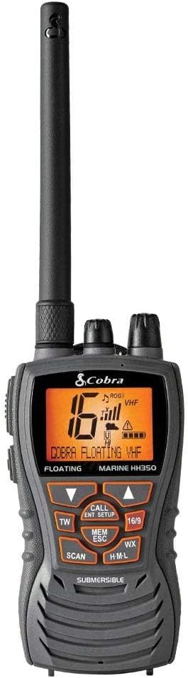Cobra MR HH350 FLT Handheld Floating VHF Marine Radio - 6 Watt, Submersible, Noise Cancelling Mic, Backlit LCD Display, NOAA Weather, and Memory Scan, Grey