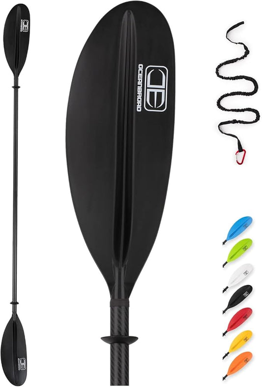 OCEANBROAD Carbon Fiber Kayak Paddle 90.5in/230cm, 86in/218cm for Adults Kayaking Boating Canoeing Oar with Paddle Leash