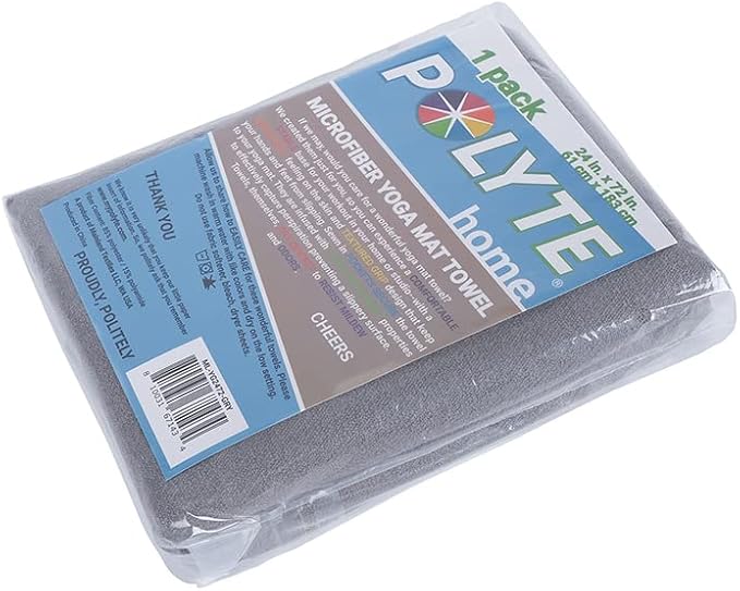 POLYTE Microfiber Hot Yoga Towel Mat with Non-Slip Silicone Grip and Secure Fit Elastic Straps, 24 x 72 in (Gray)