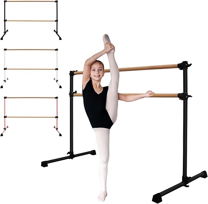 4FT/6FT Freestanding Ballet Barre Wood/Steel Height Adjustable from 7 to 46 inch Ballet Bar Portable Double Dance Bar for Home Workout and Stretch